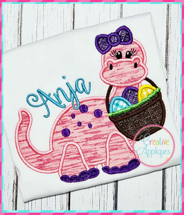 Girl Dinosaur Easter Eggs Basket Applique - Image 4