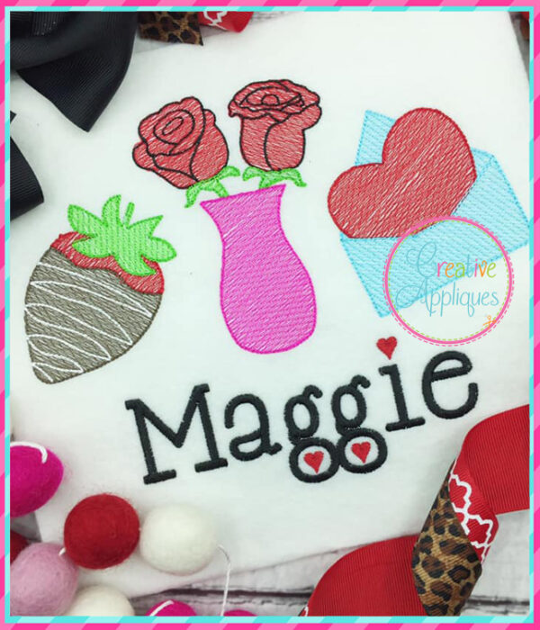 Sketch Stitch Chocolate Strawberry Flowers Letter Embroidery