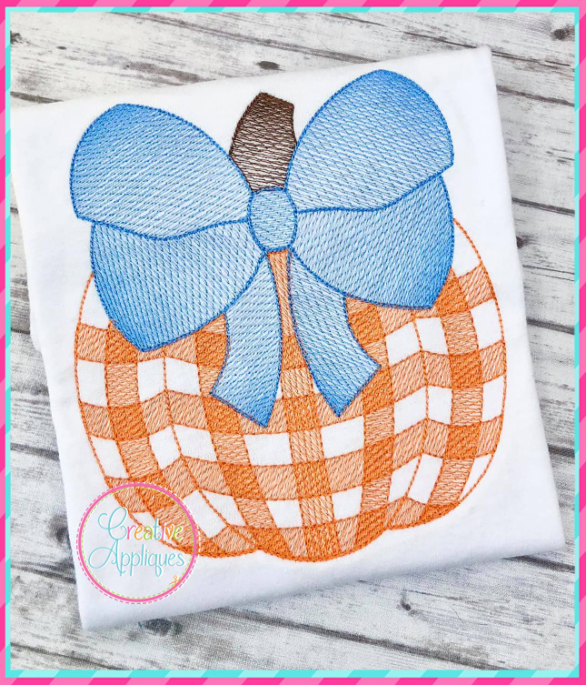 Sketch Stitch Plaid Pumpkin Bow Embroidery Design - Creative Appliques