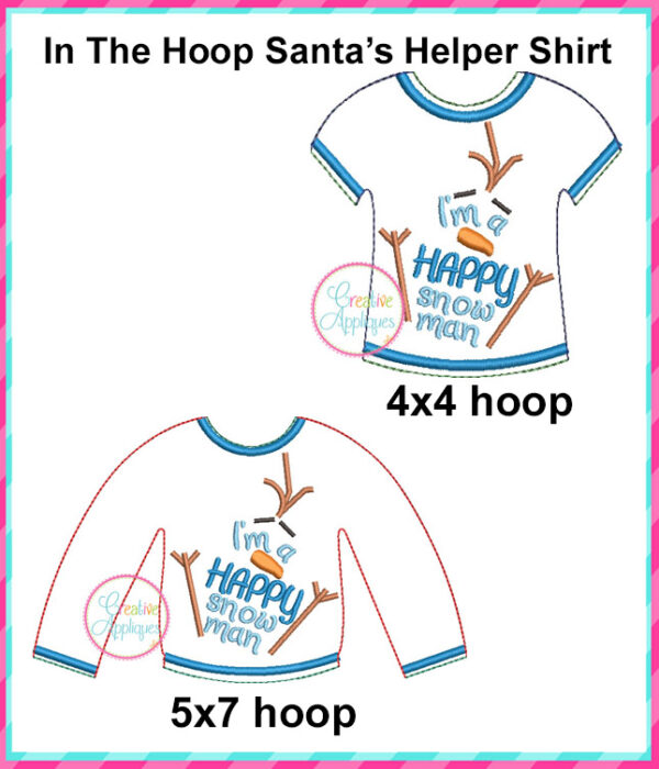 In The Hoop Happy Snowman Santa's Helper Shirt Design - Image 2