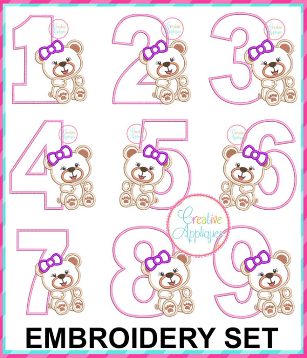 Girl Bear Numbers Applique Design Set