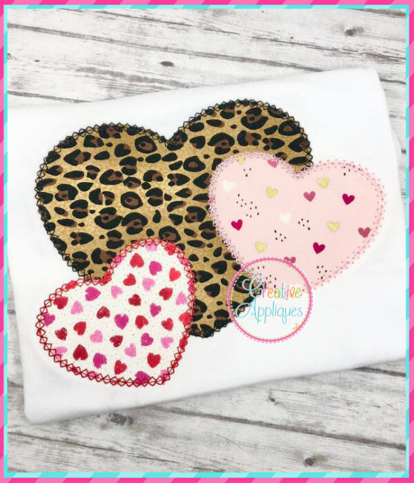 Vintage Stitch Hearts Trio Applique Design