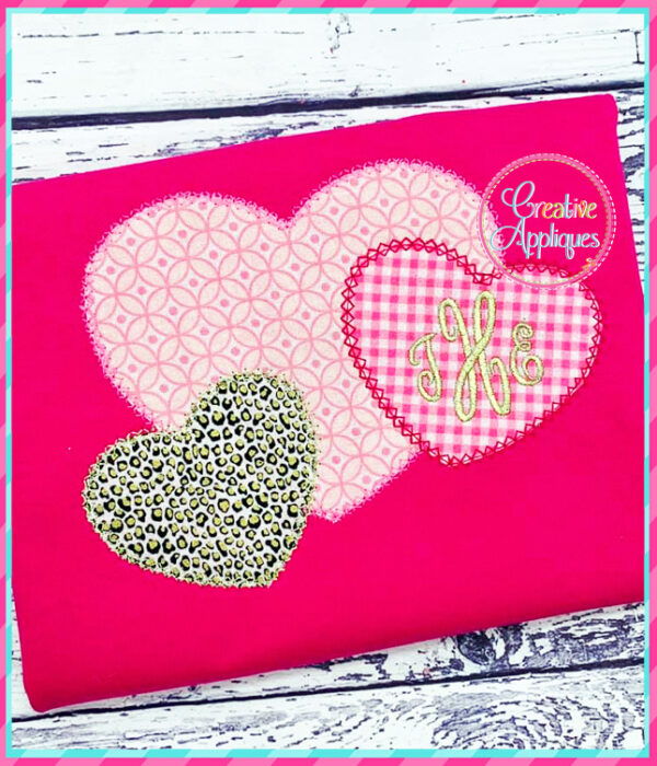 Vintage Stitch Hearts Trio Applique Design - Image 3