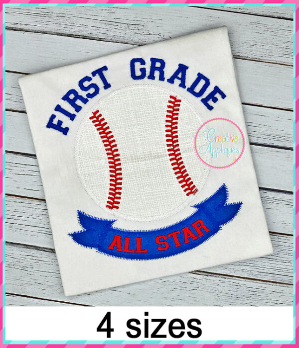 First Grade All Star Baseball Applique Design