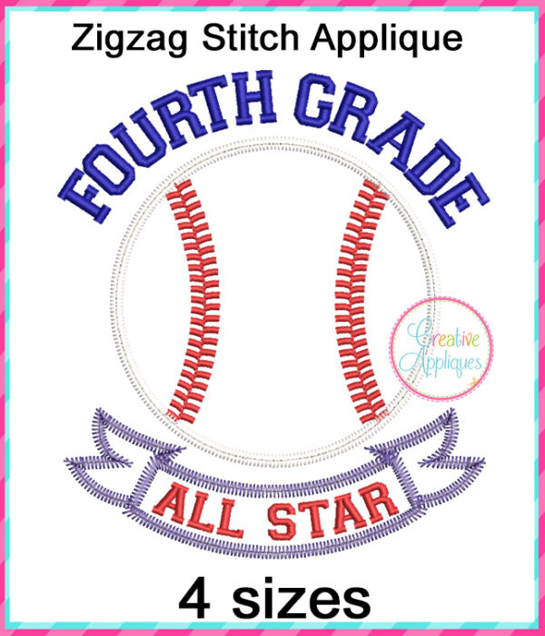 Fourth Grade All Star Baseball Applique Design - Image 2