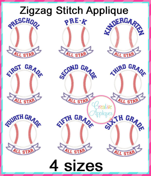 All Star Grade Baseball Applique Design Set