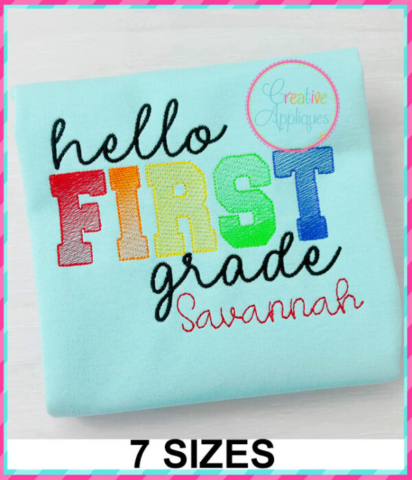 Hello First Grade Sketch Stitch Embroidery Design - Image 2