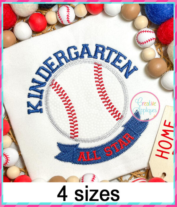 Kindergarten All Star Baseball Applique Design