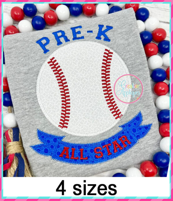 Pre-K All Star Baseball Applique Design