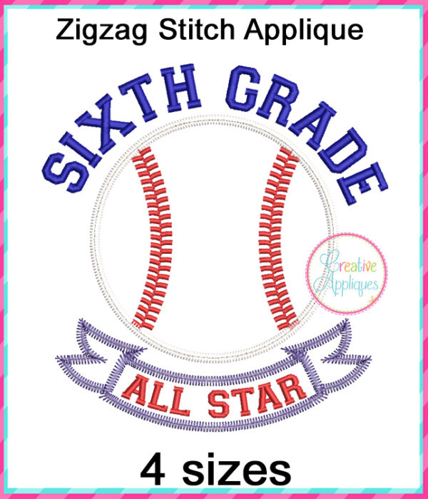 Sixth Grade All Star Baseball Applique Design - Image 2