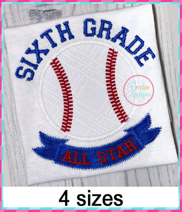 Sixth Grade All Star Baseball Applique Design