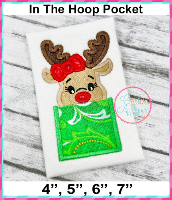 Girl Reindeer Pocket Applique Design Flat