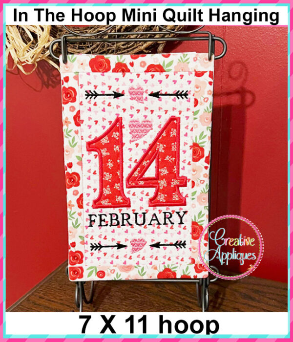 14 February In The Hoop Quilted Mini Hanging Embroidery Design 7x11