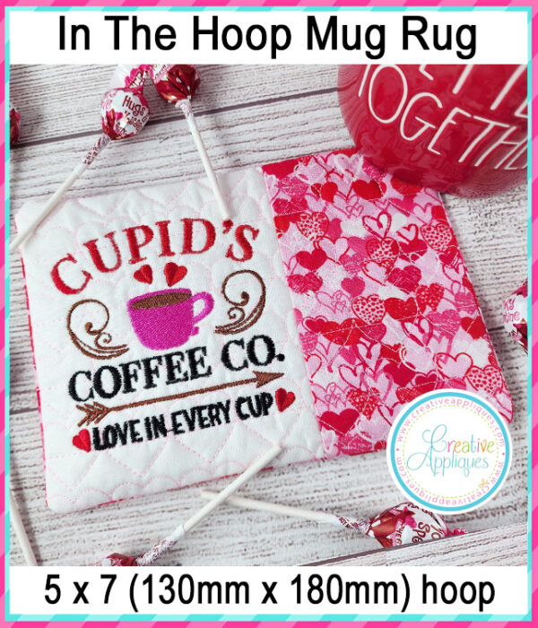 Cupid's Coffee Company Mug Rug In The Hoop Embroidery Design