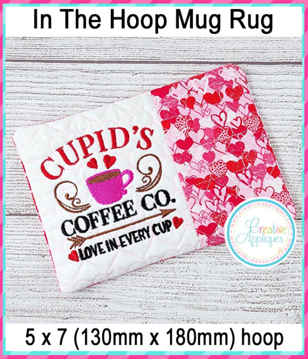 Cupid's Coffee Company Mug Rug In The Hoop Embroidery Design - Image 2