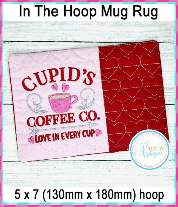 Cupid's Coffee Company Mug Rug In The Hoop Embroidery Design - Image 3