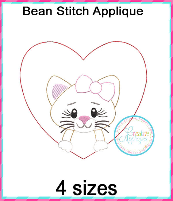 Girl Cat Heart Bean Stitch Applique Embroidery Design - Image 2