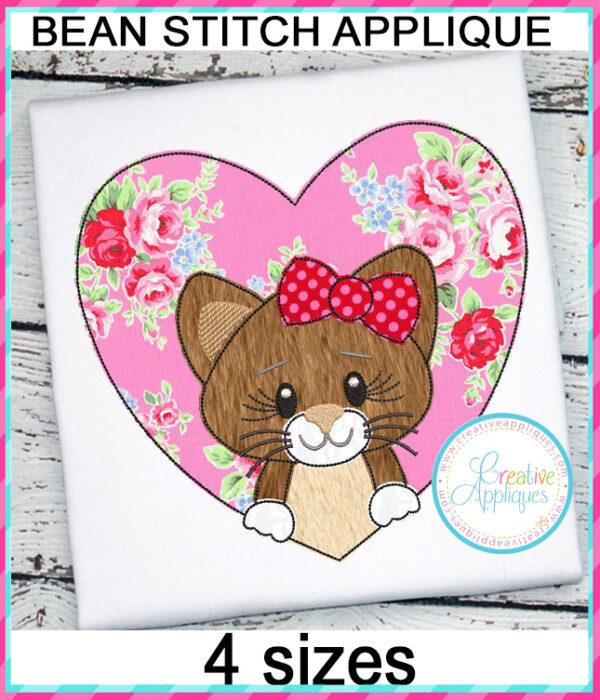 Girl Cat Heart Bean Stitch Applique Embroidery Design