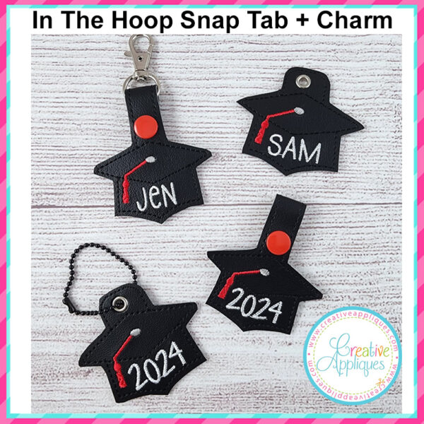 Graduation Cap Snap Tab + Charm In the hoop design