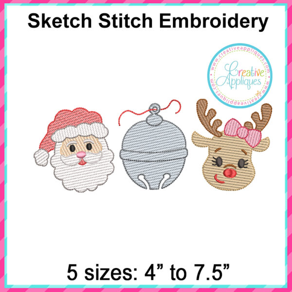 Sketch Santa Bell Girl Reindeer embroidery design