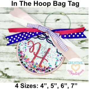 Circle Bow Bag Tag In the Hoop Design Glitter Friendly