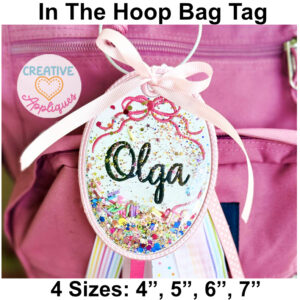 Oval Bow Bag Tag In the Hoop Design Glitter Friendly