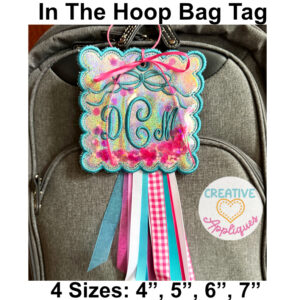 Square Scallop Bow Bag Tag In the Hoop Design Glitter Friendly