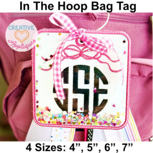 Square Bow Bag Tag In the Hoop Design Glitter Friendly