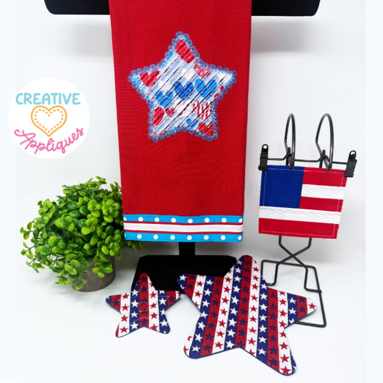 Flag Quilt Block, Star Coasters & Hot Pads ITH design, Chenille Star Applique design